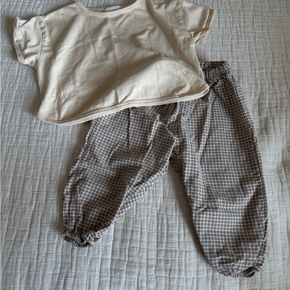 Cream Top and Brown Checkered Pants Set